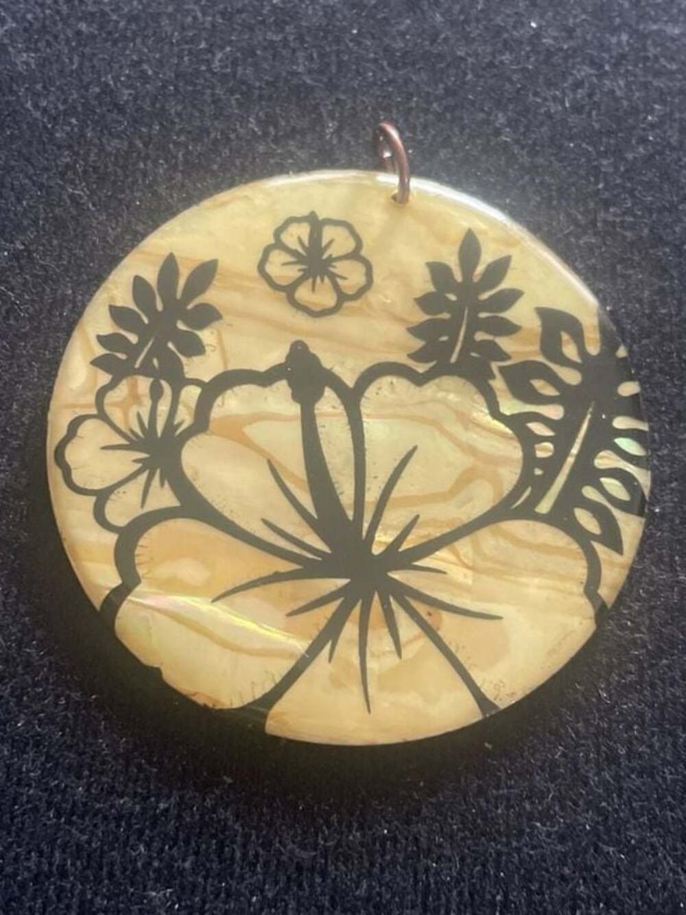 Large Round Laser Engraved Mother of Pearl Hibiscus and Monstera Pendant